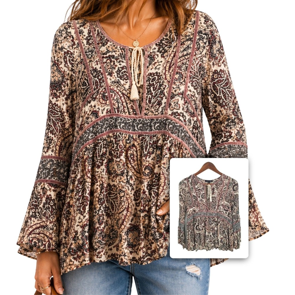 American Eagle Peplum Blouse Paisley Bell Sleeve Flowy Festival Boho S